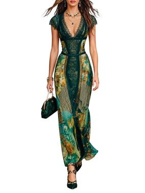Boho New Green Floral Lace-Trim Maxi Dress